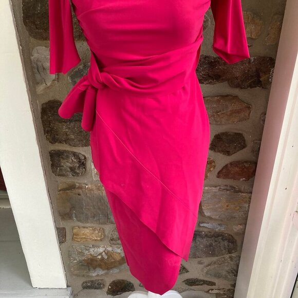 CHIARA BONI LA PETITE ROBE Mimmaly Side-Knot Sheath Faux Wrap Dress FUSCHIA $695 - Picture 5 of 12